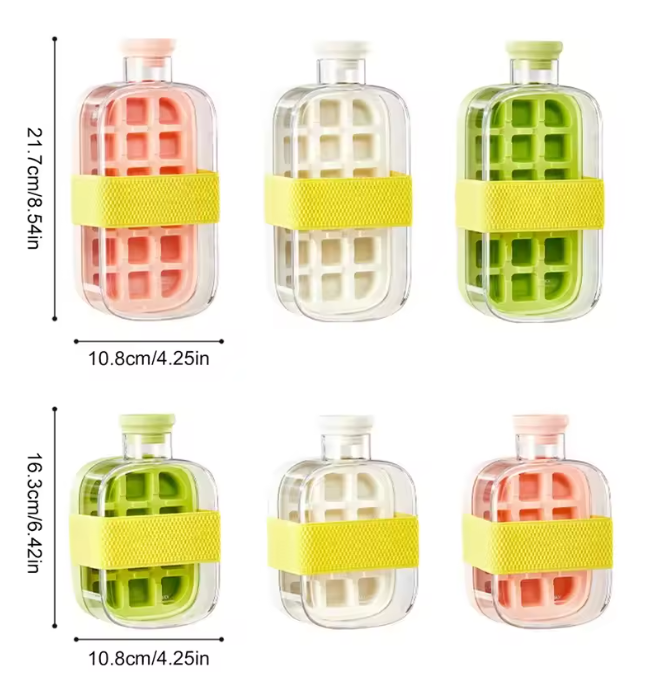 Woohoo Buddy 2-in-1 water bottle and ice tray dimensions in two sizes