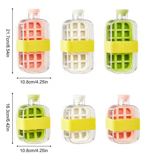 Woohoo Buddy 2-in-1 water bottle and ice tray dimensions in two sizes